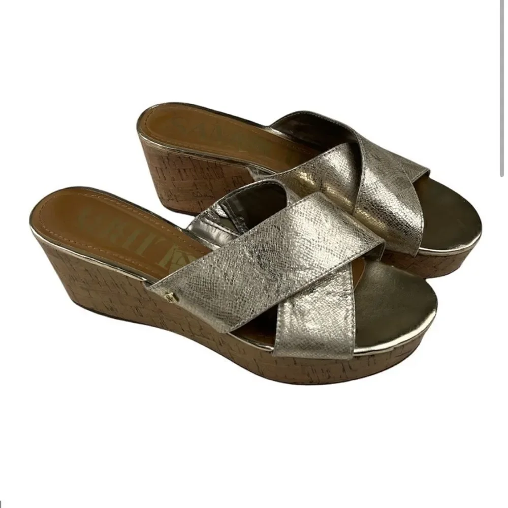Sam & Libby Metallic Gold Cork Platform Wedge Heels Open Toe Sandals size 8